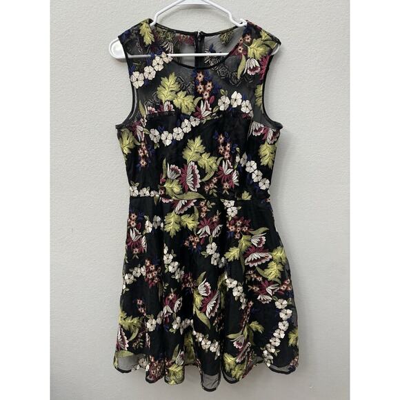 Tahari ASL Black Floral Embroidered Sleeveless Fit‎ Flare Dress Women's Size 12 - Picture 1 of 6